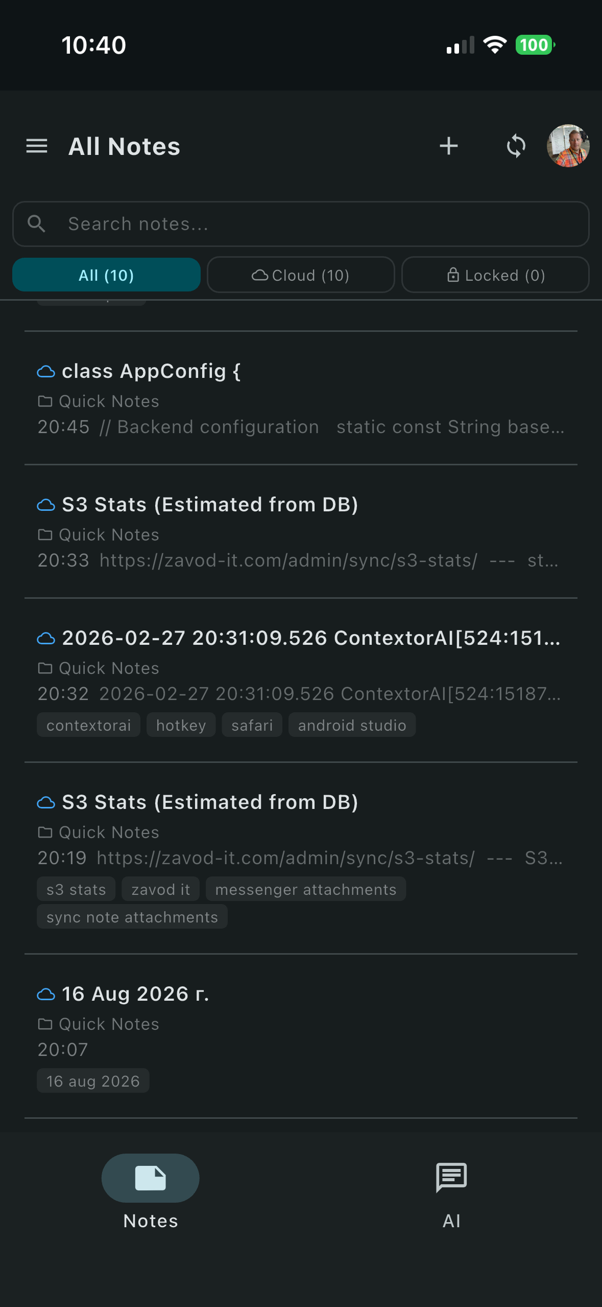 Notes list on iPhone